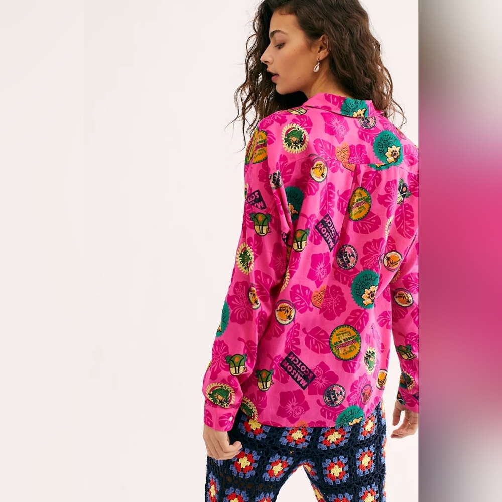 💘 Rare Scotch & Soda Maison Scotch Pink Hawaiian Long Sleeve Oversize Button Up - Picture 3 of 10